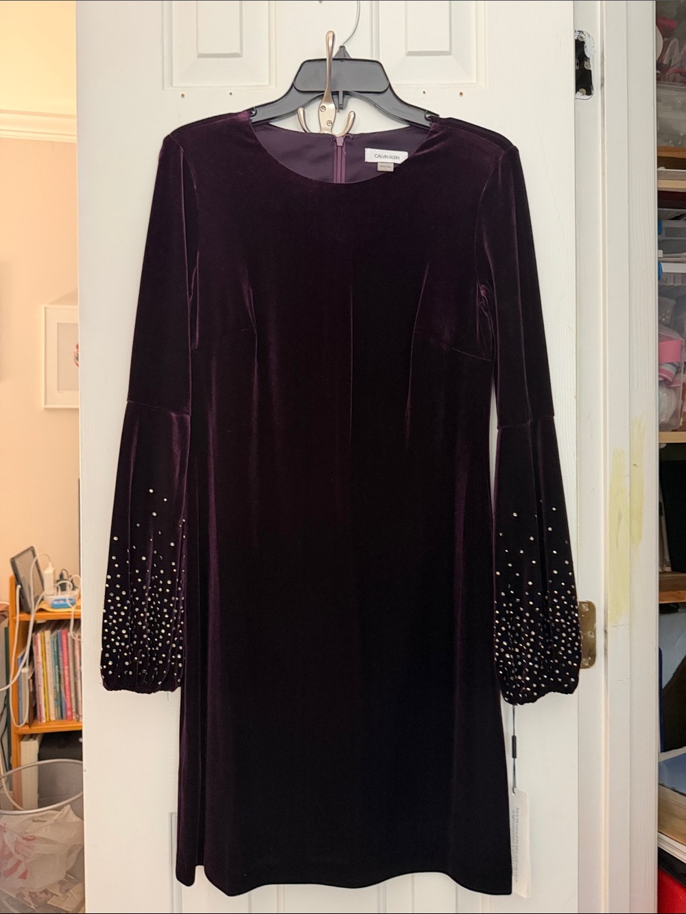 Calvin Klein Plum Velvet Long-Sleeve Dress with Embellished Sleeves